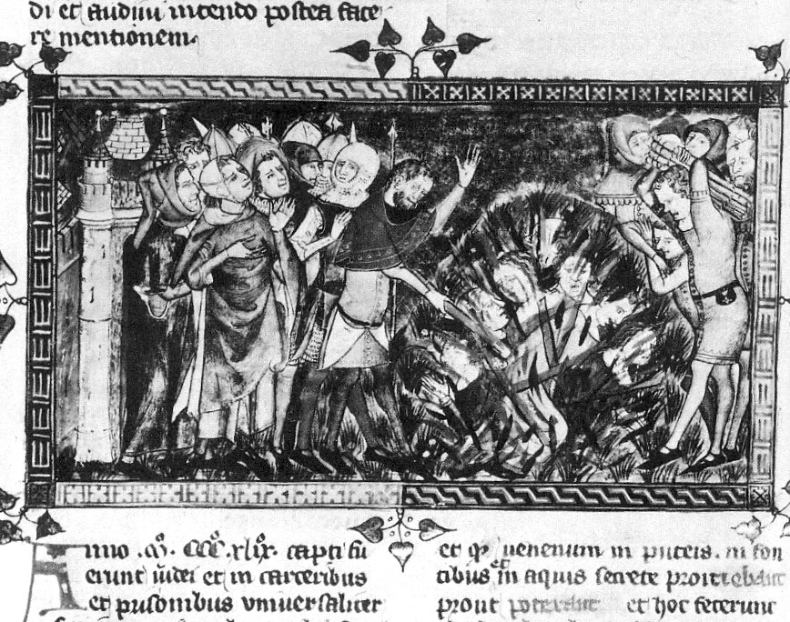 A 14th-century chronicle illustration showing Jewish men and women being burned alive at a stake; flames rise around them while a group of Christian onlookers stands to the side, watching