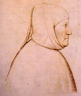 A 1376 profile fresco portrait of Francesco Petrarca by Altichiero da Zevio, painted in Padua during Petrarch's lifetime, showing him in profile facing right wearing a dark scholarly robe and red hood