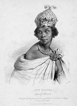 A 19th-century lithograph by Achille Devéria depicting Queen Nzinga Mbande of Ndongo and Matamba, shown in three-quarter profile in royal attire — an imagined portrait created in the 1830s, since no contemporary likeness survives