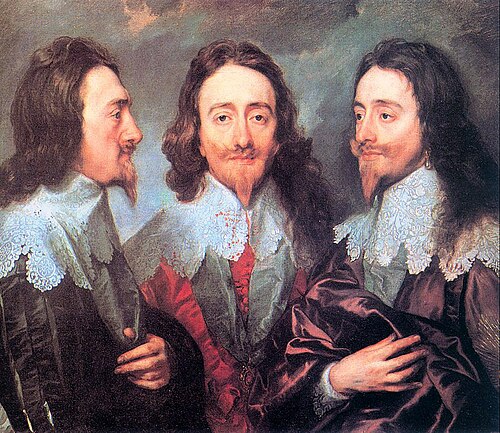 A triple portrait of King Charles I by Sir Anthony van Dyck, c. 1635-36, showing the King from three angles (left profile, full face, right profile). Painted to be sent to Rome for use as a model for a marble bust.