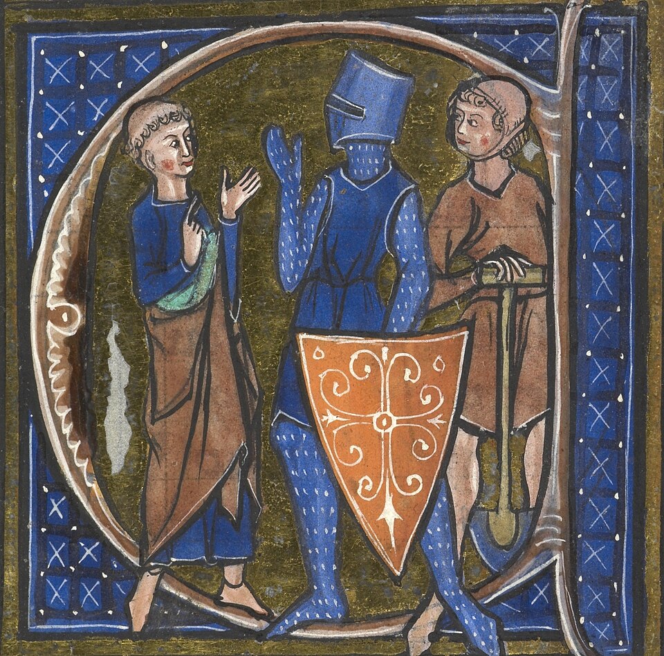 A medieval manuscript illustration showing the three estates of feudal society as three standing figures &mdash; a tonsured cleric in robes (those who pray), an armored knight with a sword (those who fight), and a peasant with a spade (those who work)