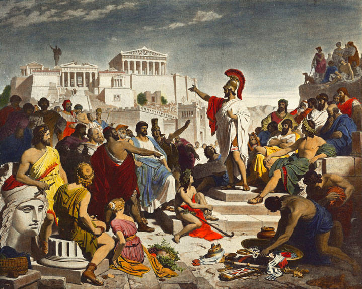 Philipp Foltz's 1852 painting Pericles' Funeral Oration, depicting the Athenian leader Pericles standing on a raised platform with one arm extended, addressing a large crowd of citizens gathered below him on the steps of the Acropolis, with the marble columns of Athens rising behind him
