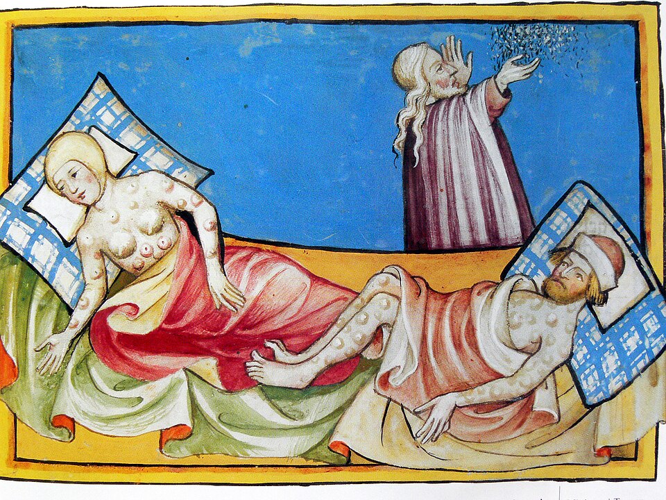 A medieval illuminated manuscript page showing two figures with their bodies covered in dark spots, while a third figure to the side appears to be examining or treating them