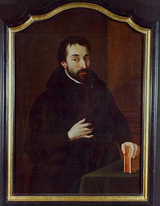 A 17th-century portrait of Friedrich Spee in dark Jesuit robes with a white collar, looking gravely at the viewer.