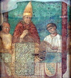 Pope Boniface VIII in the papal tiara, proclaiming the Jubilee of 1300 from a balcony; fresco fragment by Giotto di Bondone (c. 1300), Archbasilica of St. John Lateran, Rome &mdash; a contemporary image of the pope who issued Unam Sanctam