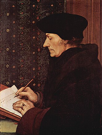 A 1523 oil portrait of Desiderius Erasmus by Hans Holbein the Younger, showing Erasmus in profile wearing a dark scholarly robe and cap, writing at his desk with hands and quill visible