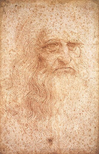 A red-chalk self-portrait drawing of Leonardo da Vinci, c. 1512, showing Leonardo as an elderly man with long hair and a long beard, looking forward with a steady, contemplative gaze