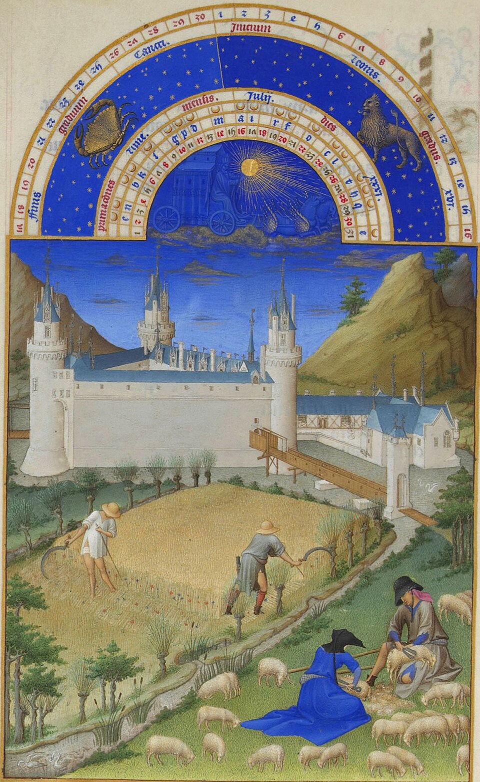 A medieval miniature showing peasants harvesting wheat below a castle