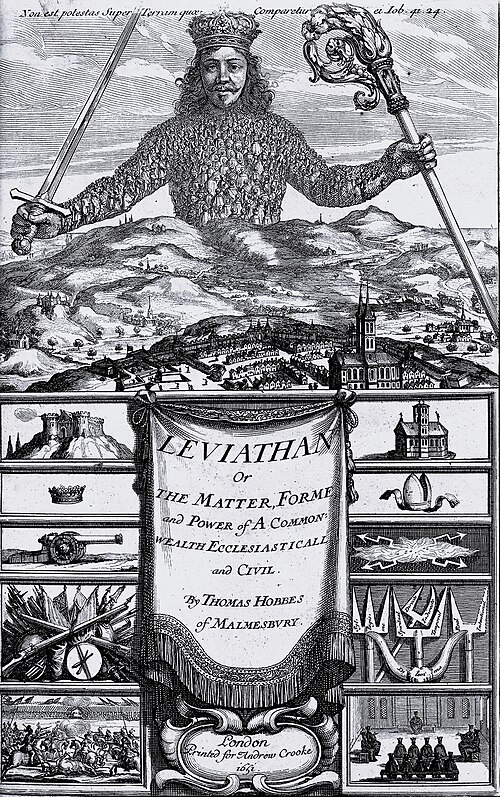 The frontispiece of Thomas Hobbes's Leviathan (1651). A giant figure of a crowned ruler rises above a landscape, his torso composed of hundreds of tiny human figures looking up at his face. He holds a sword in one hand and a bishop's crook in the other. Above him, a Latin quotation from the Book of Job.