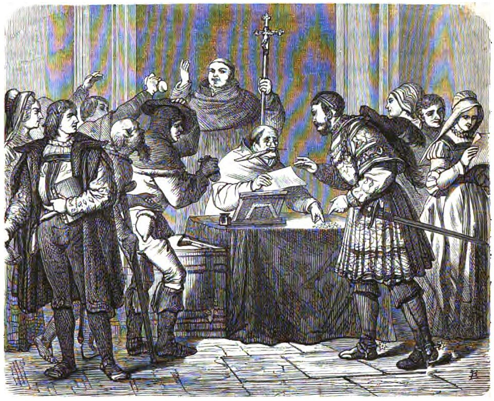 A 19th-century historical illustration by Ludwig Burger showing the Dominican friar Johann Tetzel preaching and selling indulgences to a crowd in 1517, an iron money-chest beside him as townspeople hand over coins