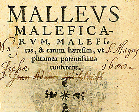 The 1520 Cologne edition title page of the Malleus Maleficarum, in heavy black-letter Latin type, with an ornamental border and the date in Roman numerals. The page is yellowed with age.
