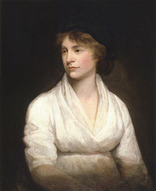 A portrait of Mary Wollstonecraft by John Opie, painted around 1797. She is shown in three-quarter view wearing a simple high-waisted white gown and a soft white cap that partly covers her hair. Her expression is direct and contemplative; her hands rest in her lap. The portrait was painted when she was pregnant with her daughter Mary Shelley, the year of her death.