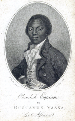 An engraved portrait of Olaudah Equiano, head and shoulders, dressed in 18th-century English coat and cravat, holding a Bible open in his hands