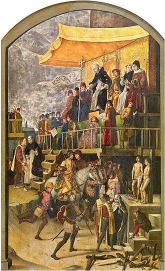 A 15th-century painting of an auto-da-fe with Dominican friars presiding over a sentencing while heretics burn at the stake.