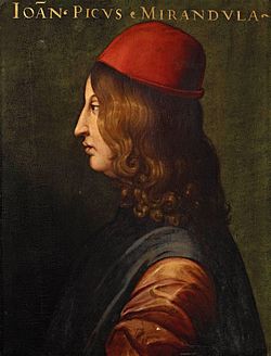 A 16th-century oil portrait of Giovanni Pico della Mirandola, posthumous, by Cristofano dell'Altissimo, showing Pico in profile with long dark hair, wearing the dark robes of a Renaissance scholar