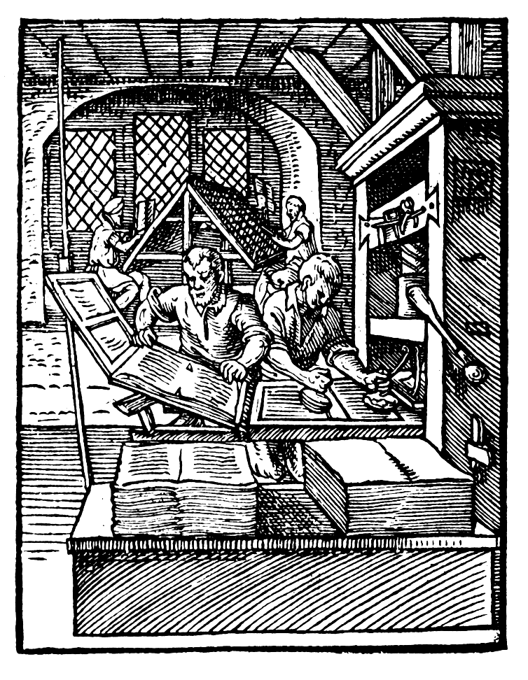 A 1568 black-and-white woodcut showing the inside of a 16th-century printing shop. On the left a worker pulls a freshly printed sheet from a screw press; in the middle another worker inks the type frame with two leather-covered ink balls; in the background two compositors stand at a high desk arranging type from compartmented cases.