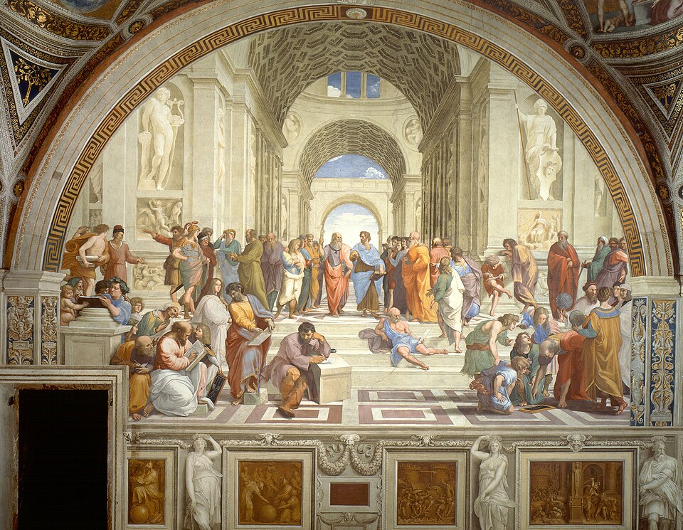 Raphael's fresco The School of Athens, painted 1509-1511 in the Vatican, depicting Plato and Aristotle at the center of a gathering of ancient Greek philosophers under a grand Renaissance arch