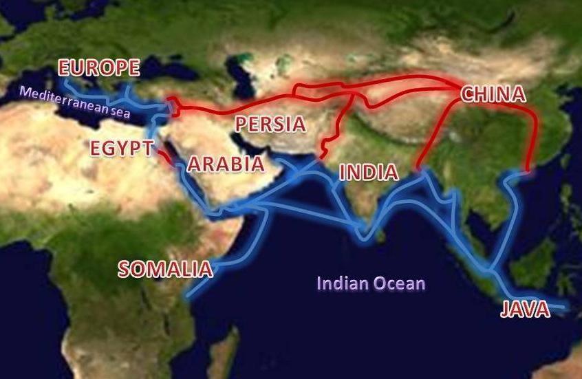 Map of the Silk Road network, showing the land trade routes (red) and maritime routes (blue) connecting China to the Mediterranean across Central Asia, Persia, and the Middle East