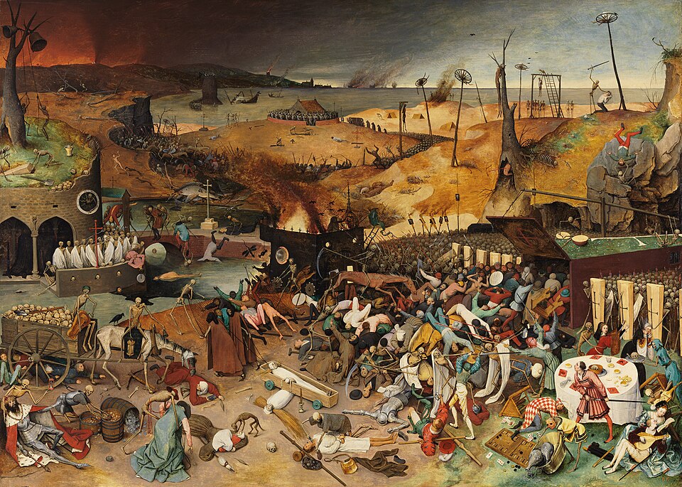 A panoramic painting showing skeletons attacking the living across a blackened landscape; armies of skeletons drive crowds of people, kings and peasants alike, toward a coffin-shaped trap; fires burn in the distance