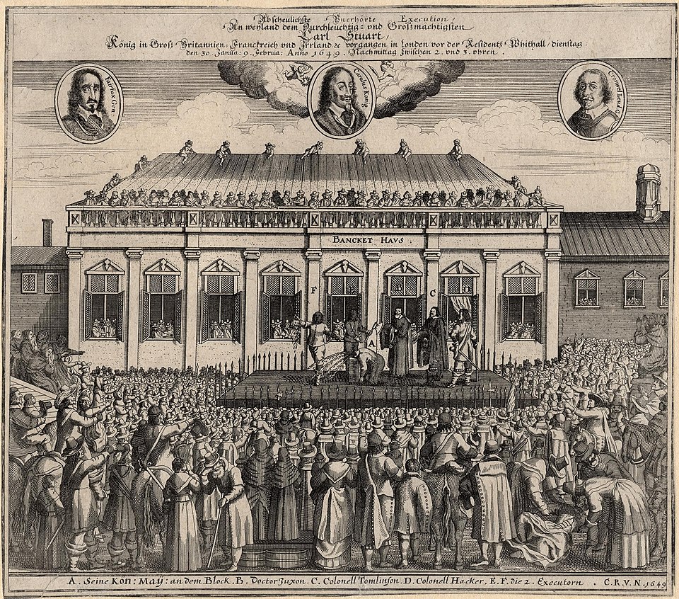 A contemporary 1649 European print depicting the execution of King Charles I outside the Banqueting House at Whitehall. The masked executioner holds up the king's severed head; figures in the crowd swoon and recoil; soldiers ring the scaffold.